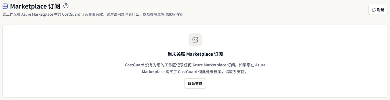 未关联订阅的工作区的 Marketplace 订阅页面：标题、说明尚未关联订阅的句子，以及联系支持的链接。