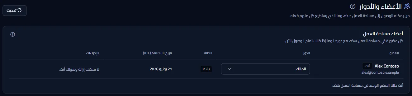 صفحة الأعضاء والأدوار: قائمة أعضاء مساحة العمل مع الدور وحالة الوصول ويوم انضمام كل منهم.