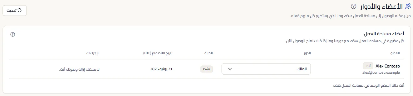 صفحة الأعضاء والأدوار: قائمة أعضاء مساحة العمل مع الدور وحالة الوصول ويوم انضمام كل منهم.