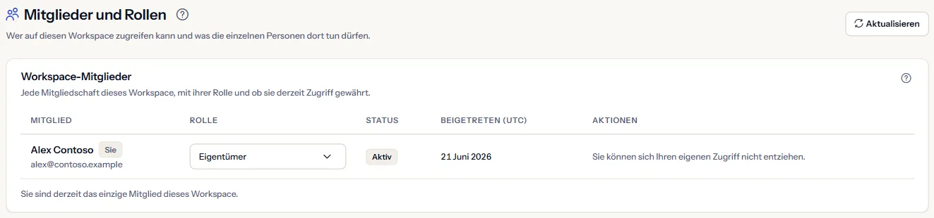 Die Seite Mitglieder und Rollen: die Liste der Mitglieder des Arbeitsbereichs mit Rolle, Zugriffsstatus und Beitrittstag jeder Person.