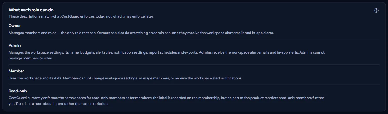 The panel that describes what the Owner, Admin, Member and Read-only roles can do.