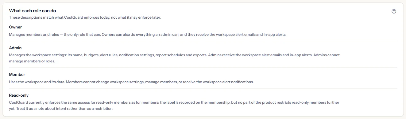 The panel that describes what the Owner, Admin, Member and Read-only roles can do.