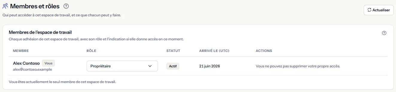 La page Membres et rôles : la liste des membres de l'espace de travail avec le rôle, l'état de l'accès et le jour d'arrivée de chacun.