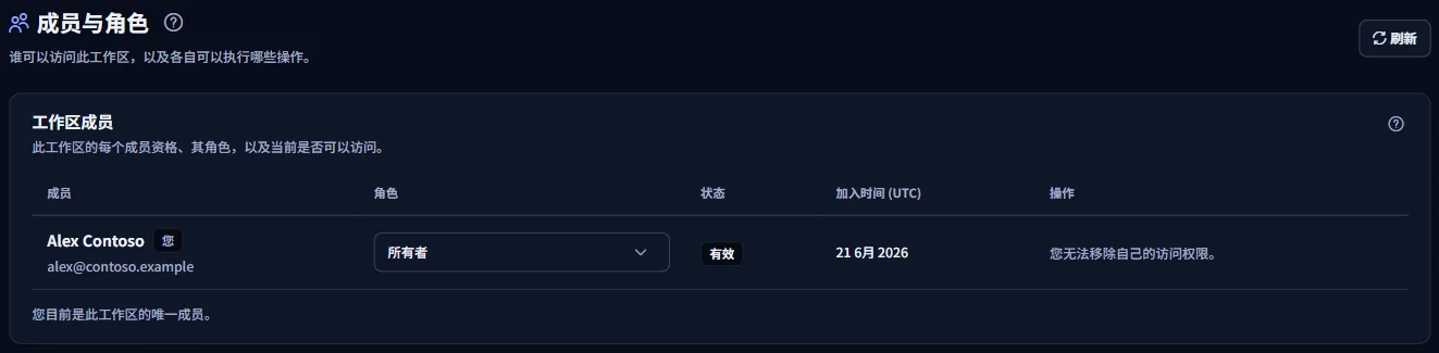 成员与角色页面：工作区成员列表，包含每个人的角色、访问状态和加入日期。