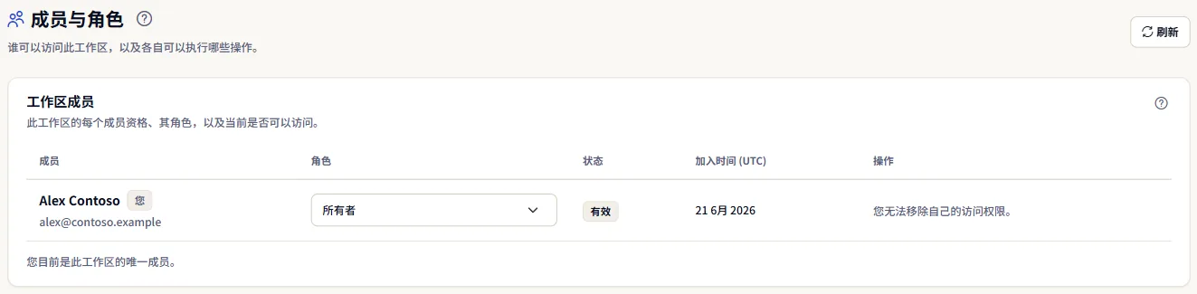 成员与角色页面：工作区成员列表，包含每个人的角色、访问状态和加入日期。