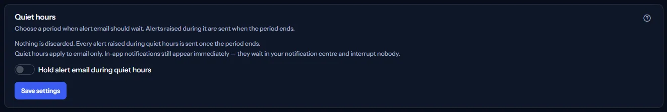 The quiet hours section with quiet hours off: what quiet hours do, the switch to hold alert email and Save settings. The start and end times, the time zone and the days appear once the switch is on.