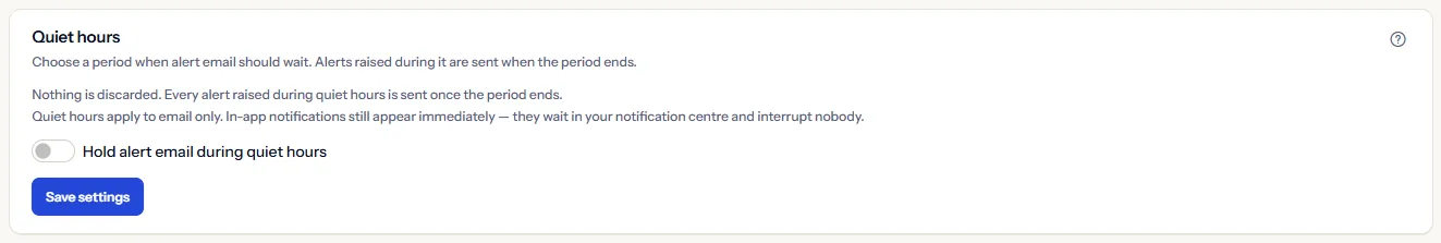 The quiet hours section with quiet hours off: what quiet hours do, the switch to hold alert email and Save settings. The start and end times, the time zone and the days appear once the switch is on.