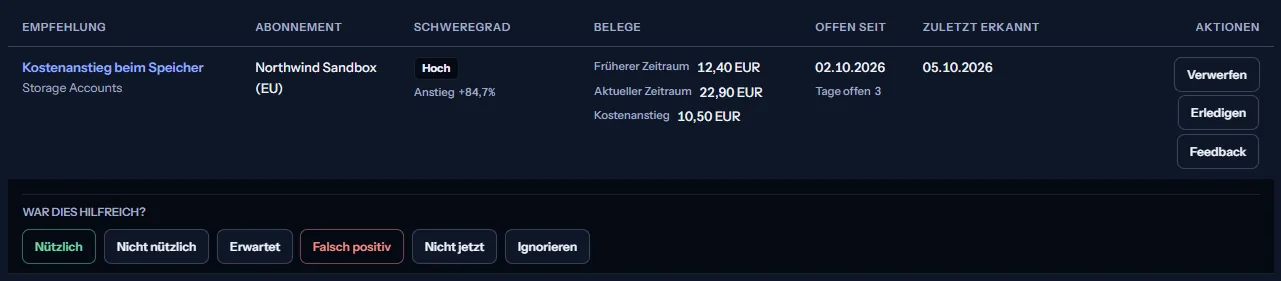 Eine Zeile der Arbeitsliste mit dem darunter geöffneten Feedback: die Frage, ob sie hilfreich war, und die sechs Antworten, von nützlich bis ignorieren.