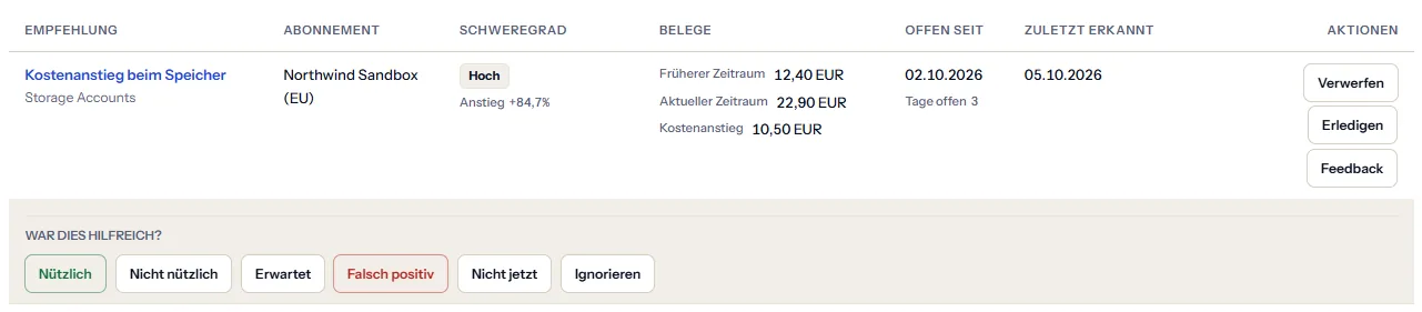 Eine Zeile der Arbeitsliste mit dem darunter geöffneten Feedback: die Frage, ob sie hilfreich war, und die sechs Antworten, von nützlich bis ignorieren.