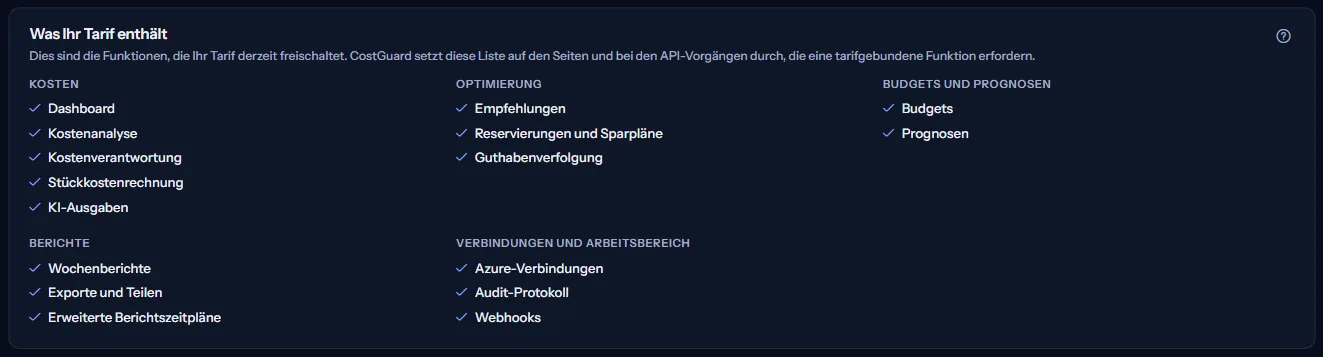 Die Liste der Funktionen des Tarifs, nach Bereich gruppiert.