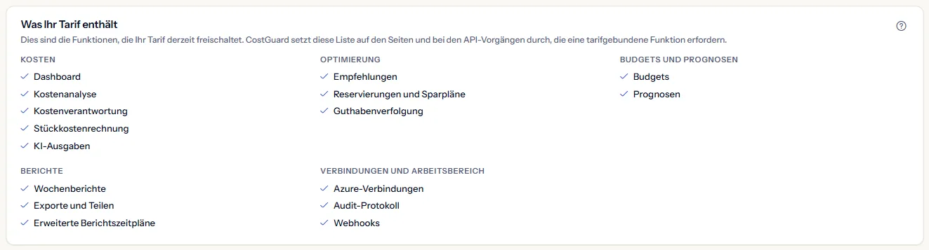 Die Liste der Funktionen des Tarifs, nach Bereich gruppiert.