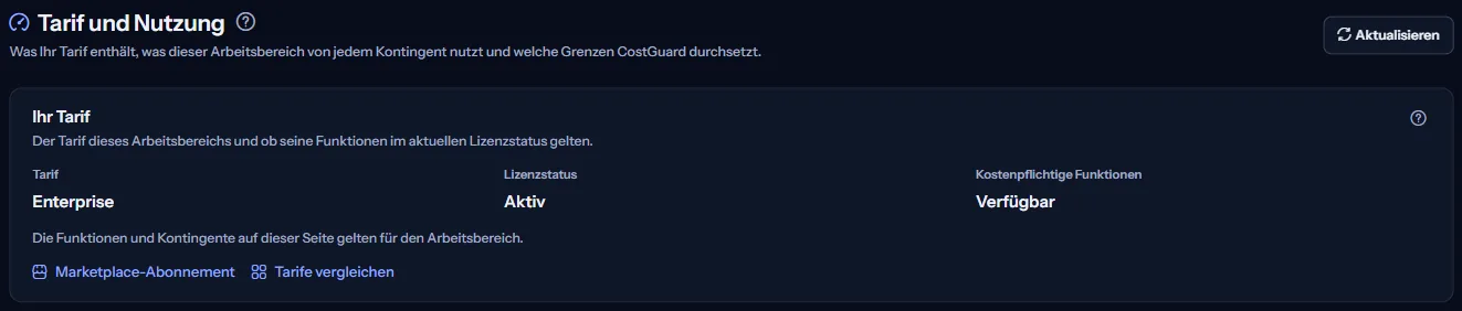 Der obere Teil der Seite Tarif und Nutzung: der Tarif, sein Lizenzstatus, ob kostenpflichtige Funktionen verfügbar sind, und die Links zum Marketplace-Abonnement und zum Tarifvergleich.