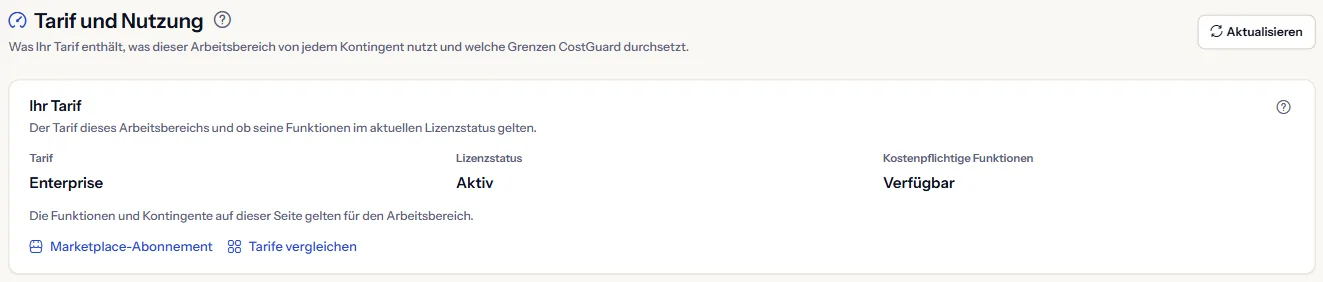 Der obere Teil der Seite Tarif und Nutzung: der Tarif, sein Lizenzstatus, ob kostenpflichtige Funktionen verfügbar sind, und die Links zum Marketplace-Abonnement und zum Tarifvergleich.