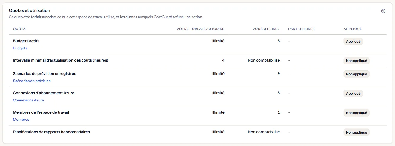 Le tableau des quotas : chaque quota, ce que le forfait permet, ce que l'espace de travail utilise, la part utilisée lorsque le forfait fixe un nombre, et si CostGuard l'applique.
