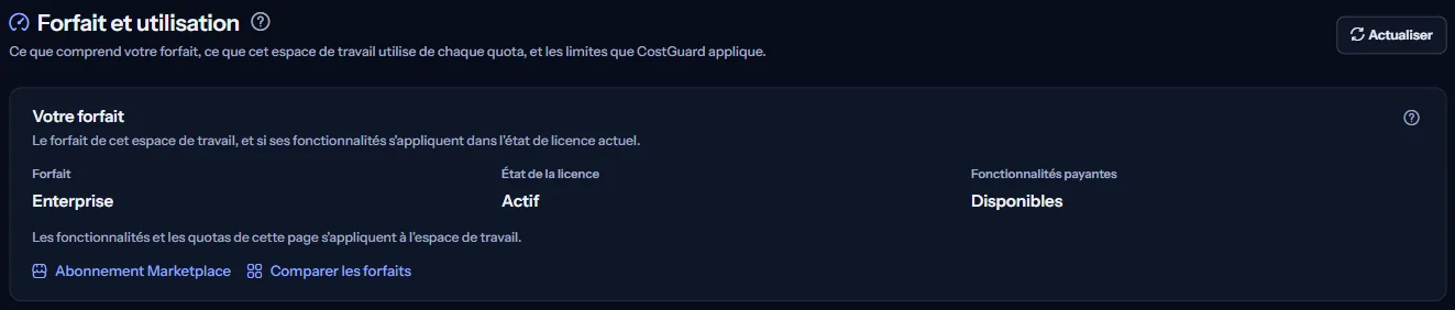 Le haut de la page Forfait et utilisation : le forfait, l'état de sa licence, la disponibilité des fonctionnalités payantes, et les liens vers l'abonnement Marketplace et vers la comparaison des forfaits.