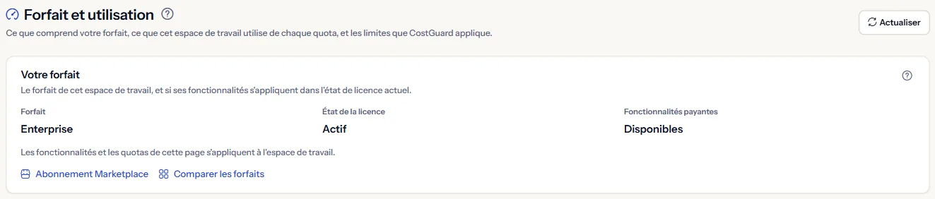 Le haut de la page Forfait et utilisation : le forfait, l'état de sa licence, la disponibilité des fonctionnalités payantes, et les liens vers l'abonnement Marketplace et vers la comparaison des forfaits.
