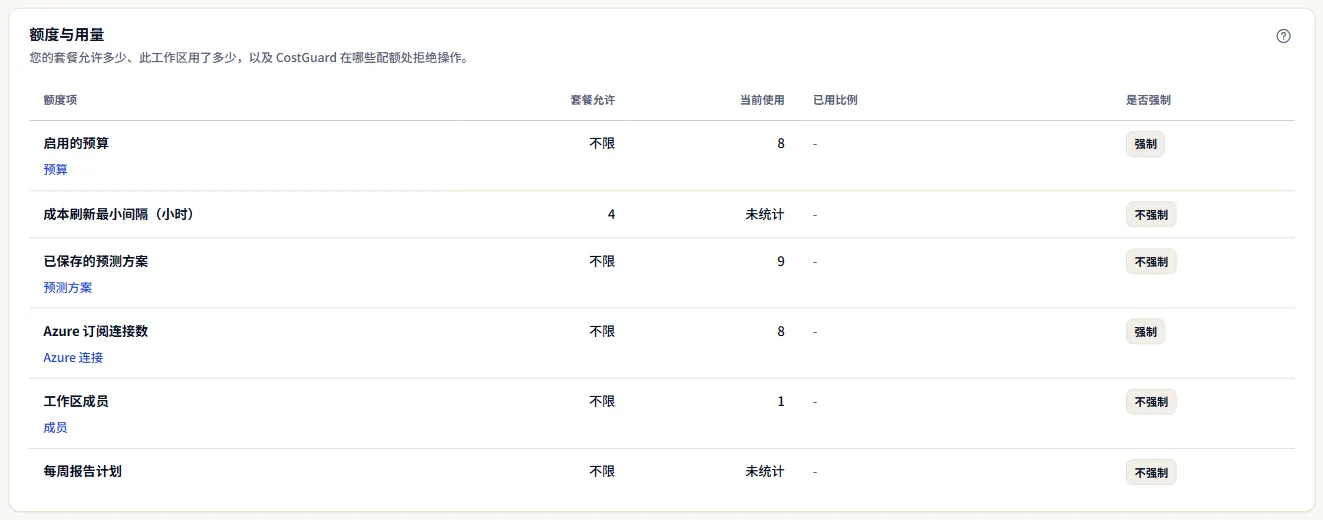 额度表格：每项额度、套餐允许的数量、工作区的用量、套餐设定了数量时的已用比例，以及 CostGuard 是否强制执行。