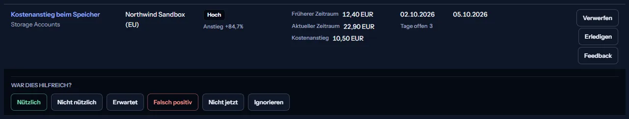 Eine Zeile der offenen Empfehlungen mit dem darunter geöffneten Feedback: die Frage, ob sie hilfreich war, und die sechs Antworten von nützlich bis ignorieren.