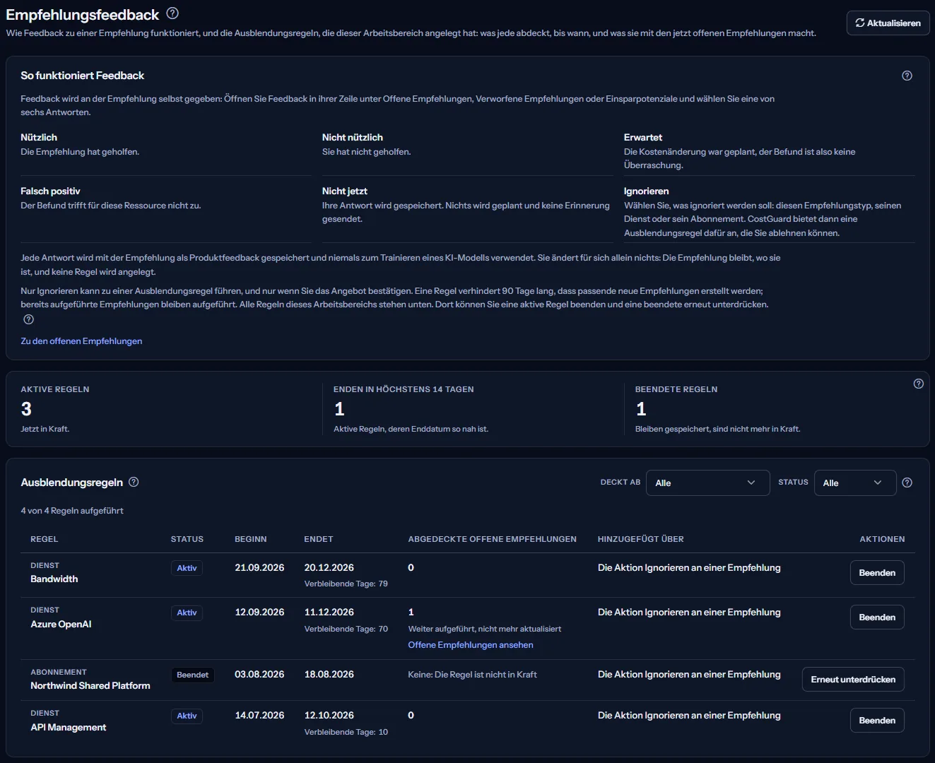Die Seite Empfehlungsfeedback: wie Feedback funktioniert, mit seinen sechs Antworten, die Zahlen der aktiven, bald endenden und beendeten Regeln und die Tabelle der Ausblendungsregeln mit ihren Filtern.
