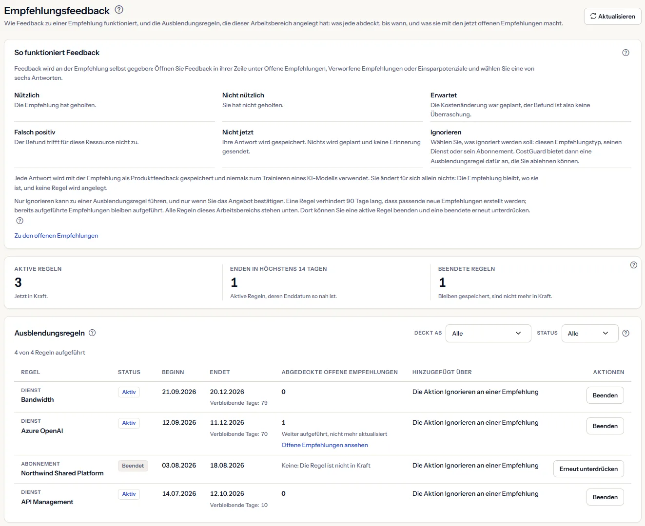 Die Seite Empfehlungsfeedback: wie Feedback funktioniert, mit seinen sechs Antworten, die Zahlen der aktiven, bald endenden und beendeten Regeln und die Tabelle der Ausblendungsregeln mit ihren Filtern.