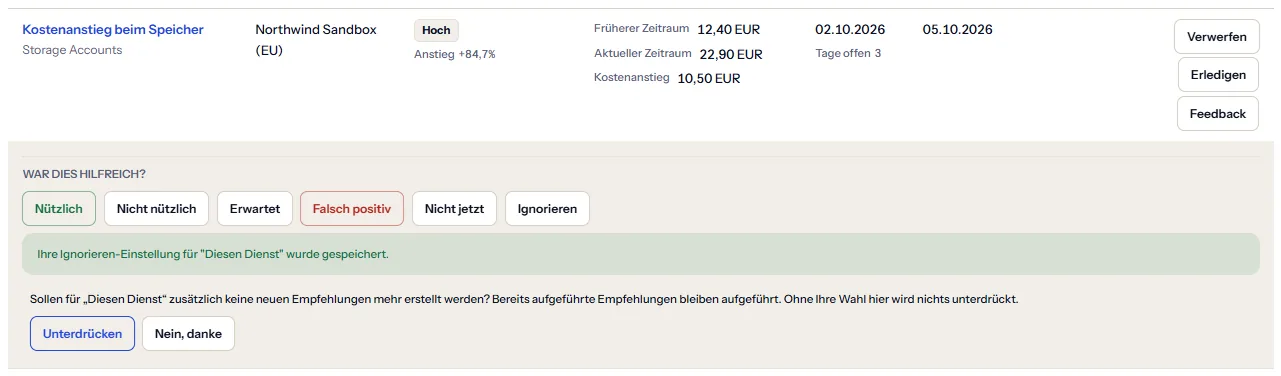 Eine Zeile mit geöffnetem Feedback nach Ignorieren: der gewählte Bereich und das Angebot, für ihn keine neuen Empfehlungen mehr zu erstellen, mit den Schaltflächen zum Unterdrücken und zum Ablehnen.