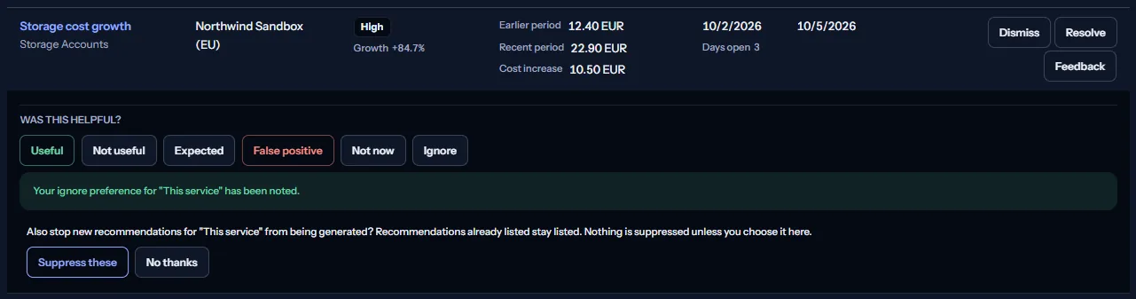 A row with its feedback open after Ignore: the scope that was chosen, and the offer to stop new recommendations for it, with the buttons to suppress or to decline.