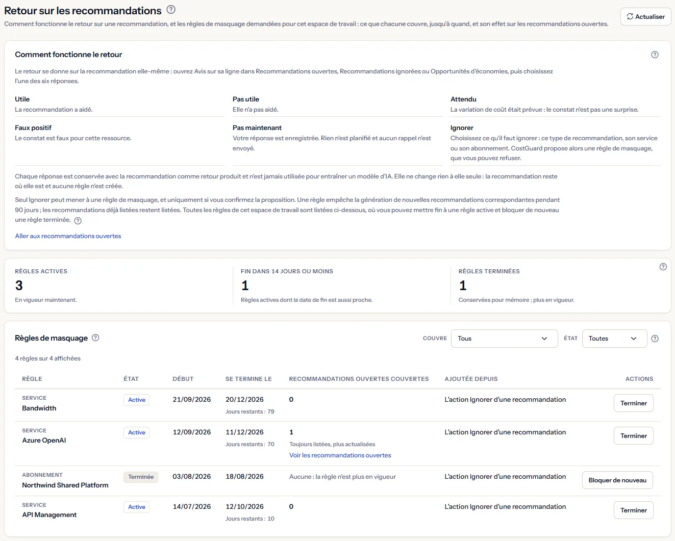 La page Retour sur les recommandations : le fonctionnement du retour avec ses six réponses, les chiffres des règles actives, bientôt terminées et terminées et le tableau des règles de masquage avec ses filtres.