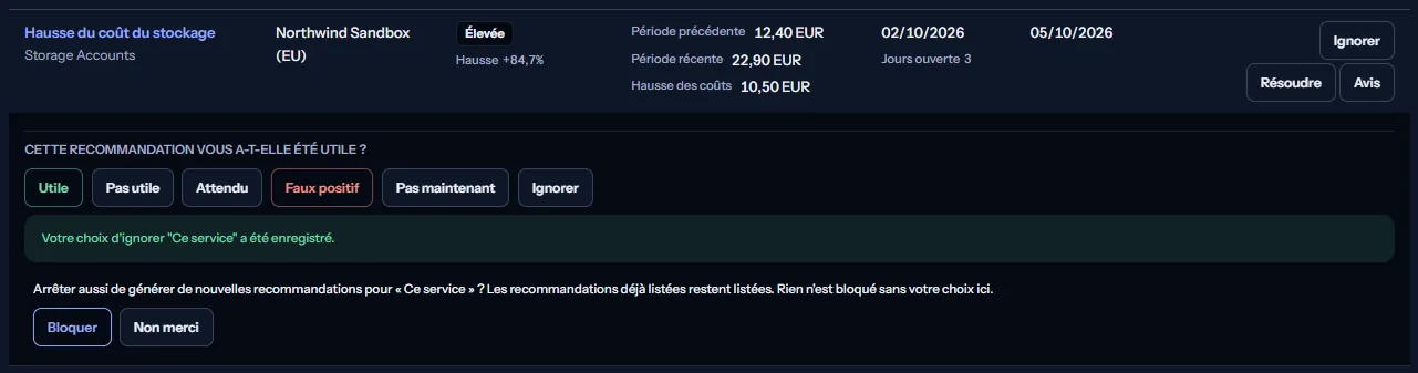 Une ligne avec son avis ouvert après Ignorer : la portée choisie, et l'offre d'arrêter les nouvelles recommandations pour elle, avec les boutons pour bloquer ou refuser.