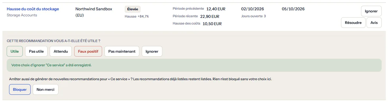 Une ligne avec son avis ouvert après Ignorer : la portée choisie, et l'offre d'arrêter les nouvelles recommandations pour elle, avec les boutons pour bloquer ou refuser.