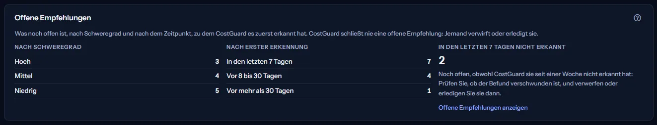 Der Bereich der offenen Empfehlungen: die Zählungen nach Schweregrad, die Zählungen nach erster Erkennung und die Zählung der offenen Empfehlungen, die in den letzten 7 Tagen nicht erkannt wurden, mit ihrem Hinweis und dem Link zu den offenen Empfehlungen.