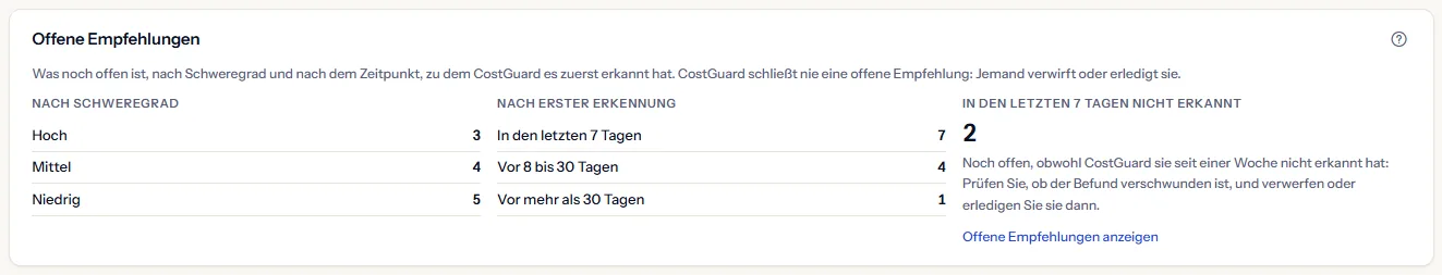 Der Bereich der offenen Empfehlungen: die Zählungen nach Schweregrad, die Zählungen nach erster Erkennung und die Zählung der offenen Empfehlungen, die in den letzten 7 Tagen nicht erkannt wurden, mit ihrem Hinweis und dem Link zu den offenen Empfehlungen.