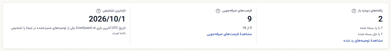 ردیف سه عدد: یافته‌های دوباره باز با شمارش‌های بسته شده با رد و با حل، شمار فرصت‌های صرفه‌جویی با سهمش از جامعه، و تاریخ تازه‌ترین تشخیص.