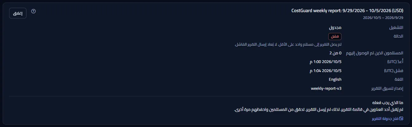 تفاصيل تشغيل فاشل: أسبوعه ونوعه والحالة فشل وعدد المستلمين الذين وصلهم والأوقات بتوقيت UTC ولغة التقرير ومعنى الحالة وما العمل، مع رابط إلى جدولة التقرير.