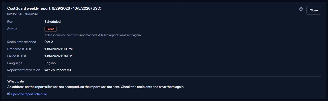 The details of a failed run: its week, run, status Failed, how many recipients were reached, the times in UTC, the report language, what the status means and what to do, with a link to the report schedule.