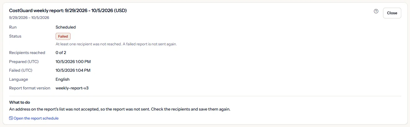 The details of a failed run: its week, run, status Failed, how many recipients were reached, the times in UTC, the report language, what the status means and what to do, with a link to the report schedule.