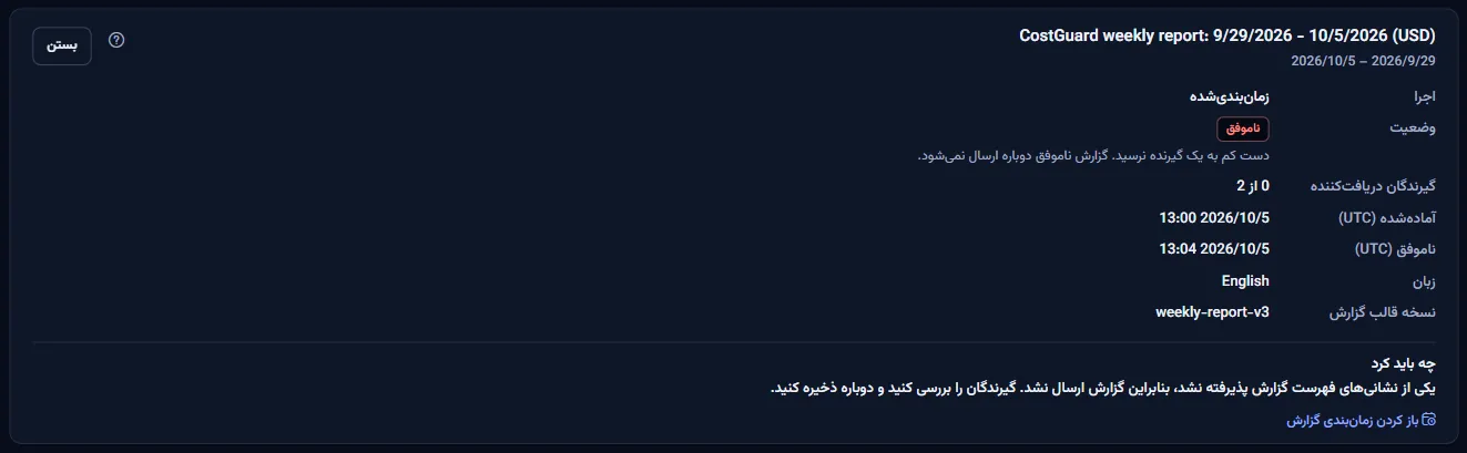 جزئیات یک اجرای ناموفق: هفته، اجرا، وضعیت ناموفق، شمار گیرندگان دریافت‌کننده، زمان‌ها به UTC، زبان گزارش، معنای وضعیت و آنچه باید کرد، با پیوندی به زمان‌بندی گزارش.