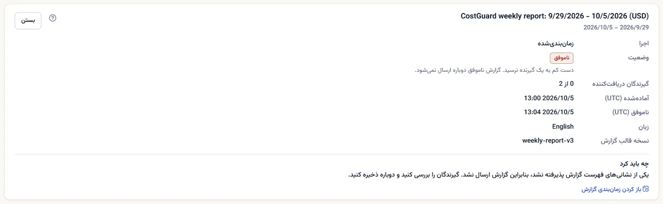 جزئیات یک اجرای ناموفق: هفته، اجرا، وضعیت ناموفق، شمار گیرندگان دریافت‌کننده، زمان‌ها به UTC، زبان گزارش، معنای وضعیت و آنچه باید کرد، با پیوندی به زمان‌بندی گزارش.