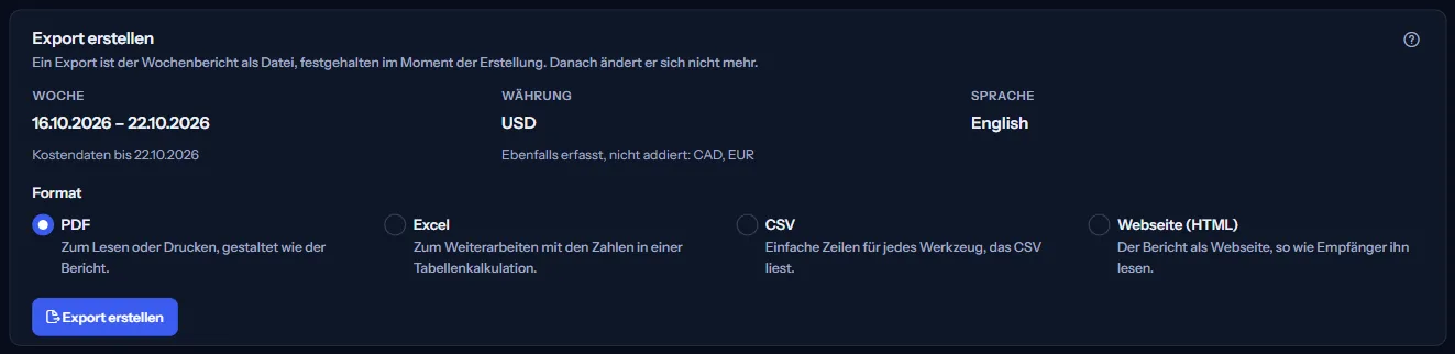 Der Bereich Export erstellen des Beispielarbeitsbereichs: die Woche, die Währung mit den genannten anderen Währungen, die Sprache, die vier Formate mit ihrem Zweck und die Schaltfläche Export erstellen.