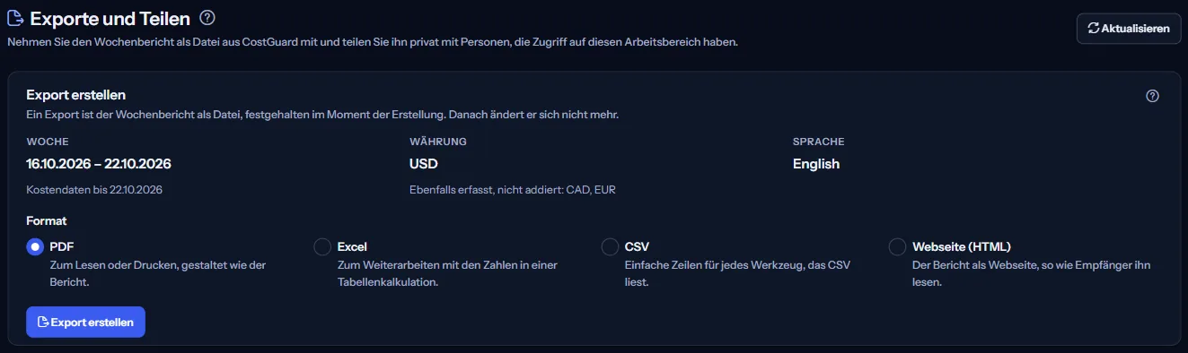 Der obere Teil der Seite Exporte und Teilen: die Überschrift und der Bereich zum Erstellen eines Exports, mit Woche, Währung und Sprache des nächsten Exports.