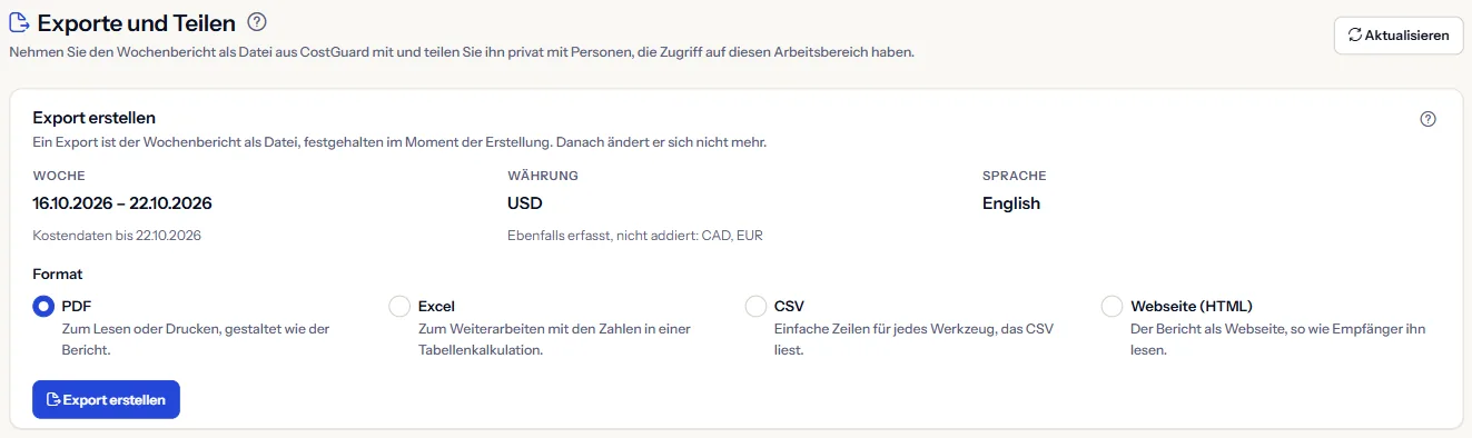 Der obere Teil der Seite Exporte und Teilen: die Überschrift und der Bereich zum Erstellen eines Exports, mit Woche, Währung und Sprache des nächsten Exports.