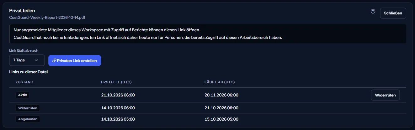 Der Bereich Privat teilen eines PDF-Exports: für wen sich ein Link öffnet, die Wahl des Ablaufs, die Schaltfläche Privaten Link erstellen und die Links der Datei, einer aktiv, einer abgelaufen und einer widerrufen.