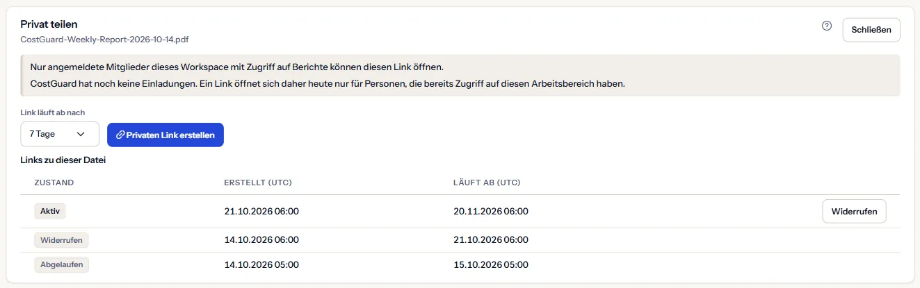 Der Bereich Privat teilen eines PDF-Exports: für wen sich ein Link öffnet, die Wahl des Ablaufs, die Schaltfläche Privaten Link erstellen und die Links der Datei, einer aktiv, einer abgelaufen und einer widerrufen.