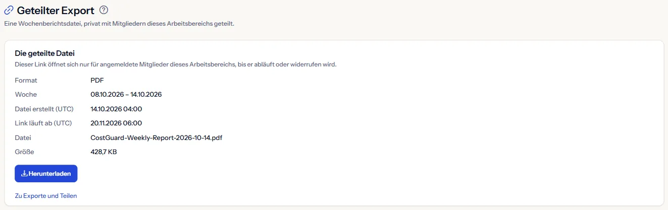 Die Seite Geteilter Export, über einen aktiven Link geöffnet: Format, Woche, Erstellungszeit, Ablauf des Links und Größe der Datei, mit der Schaltfläche Herunterladen.