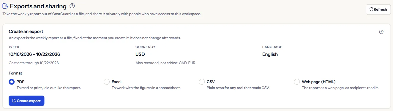 The top of the Exports and sharing page: the heading and the panel that creates an export, with the week, currency and language the next export covers.
