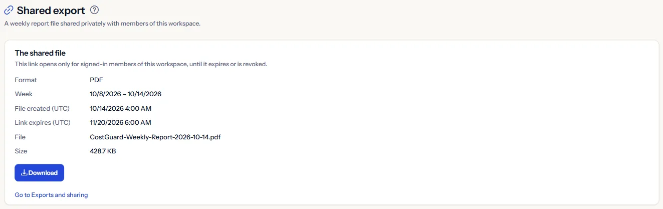 The Shared export page opened from an active link: the file's format, week, creation time, link expiry and size, with the Download button.