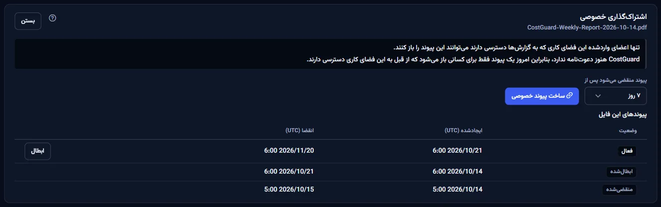 پنل اشتراکگذاری خصوصی یک خروجی PDF: پیوند برای چه کسی باز میشود، انتخاب زمان انقضا، دکمهٔ ساخت پیوند خصوصی، و پیوندهای فایل که یکی فعال، یکی منقضی و یکی لغوشده است.