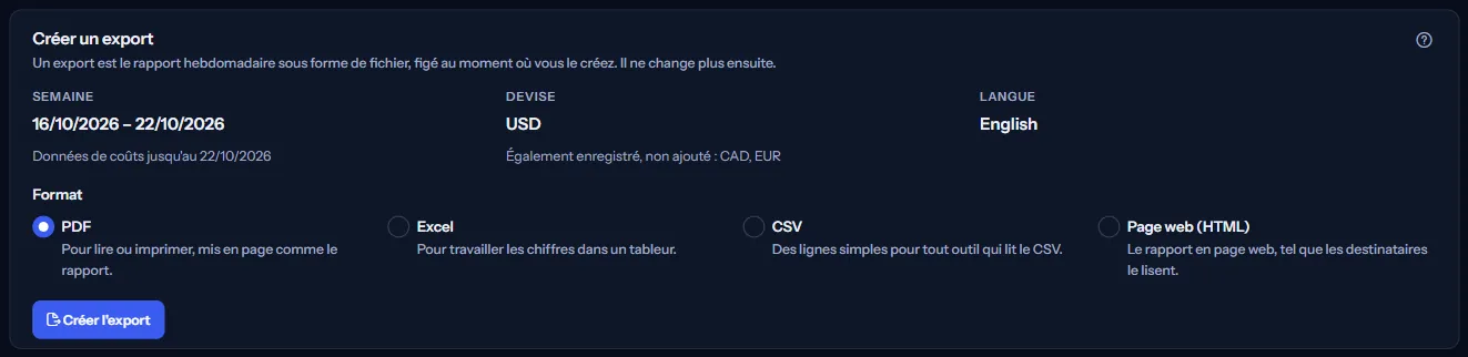 Le panneau Créer un export de l'espace de travail d'exemple : la semaine, la devise avec les autres devises nommées, la langue, les quatre formats avec leur usage, et le bouton Créer l'export.