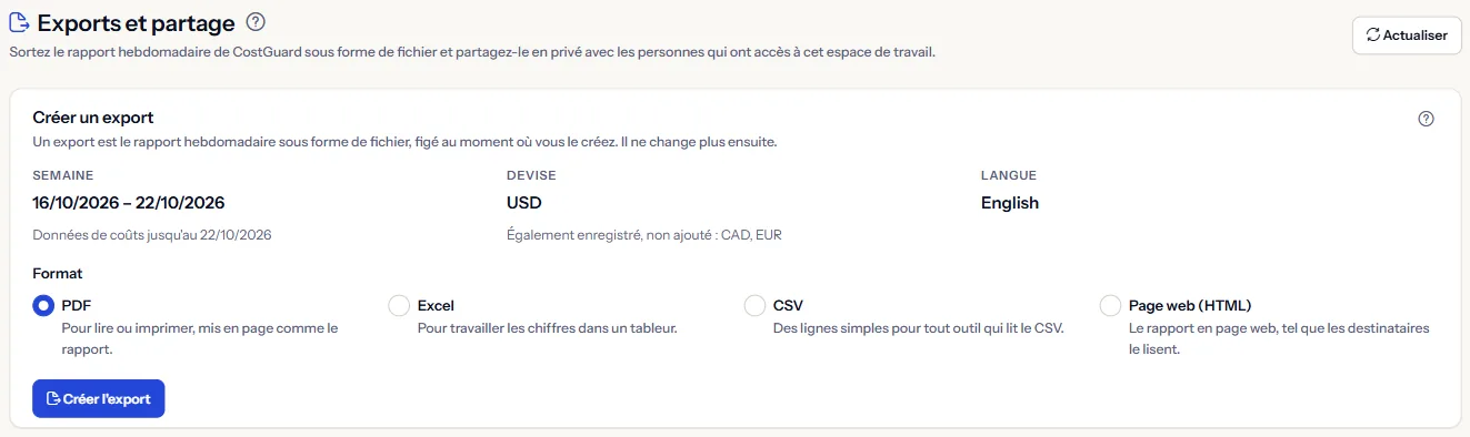 Le haut de la page Exports et partage : le titre et le panneau qui crée un export, avec la semaine, la devise et la langue que couvre le prochain export.