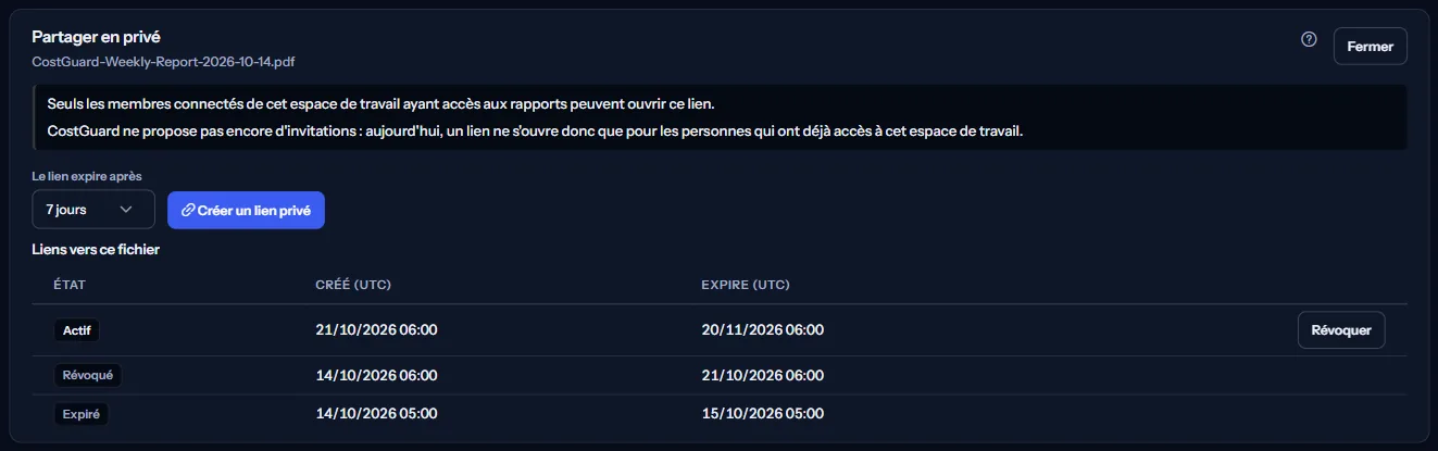 Le panneau Partager en privé d'un export PDF : pour qui un lien s'ouvre, le choix de l'expiration, le bouton Créer un lien privé, et les liens du fichier, un actif, un expiré et un révoqué.