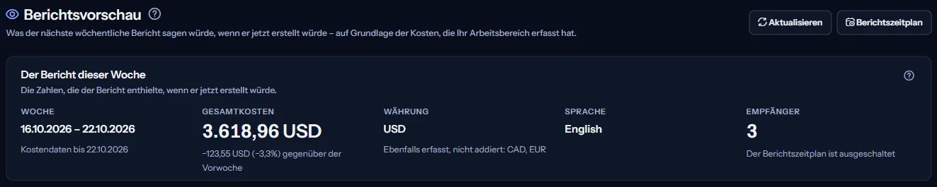 Der obere Teil der Seite Berichtsvorschau: die Überschrift und der Bericht dieser Woche mit Woche, Datum der neuesten Kostendaten, Gesamtkosten und Veränderung zur Vorwoche, Währung mit den genannten anderen Währungen, Sprache und Empfängern.